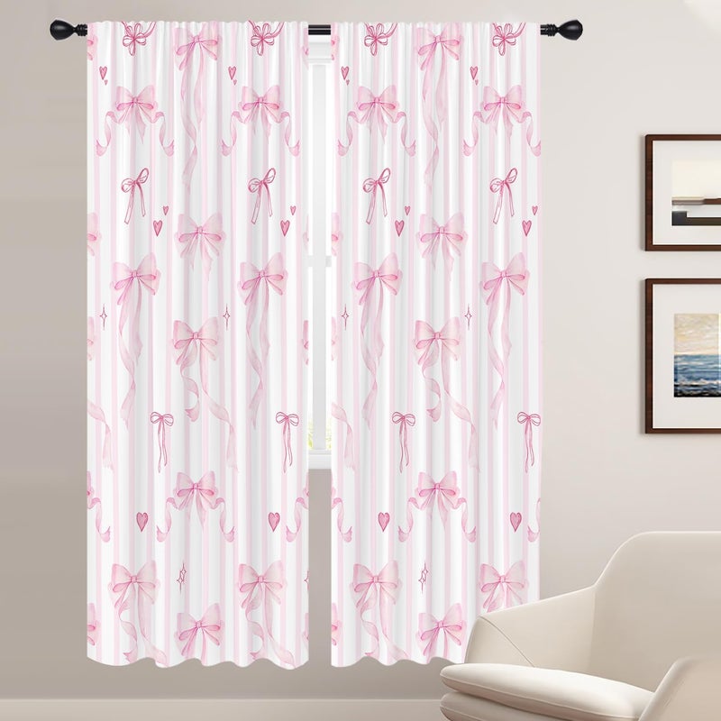 Coxila Pink Bow Window Curtains for Bedroom 42 x 84 Inch Rod Pocket Cute Girly Girls Kawaii Princess Pastel Romantic Beauty Aesthetic Home Living Room Treatment Set of 2 Curtain Panels Drapes Drapes - Image 1